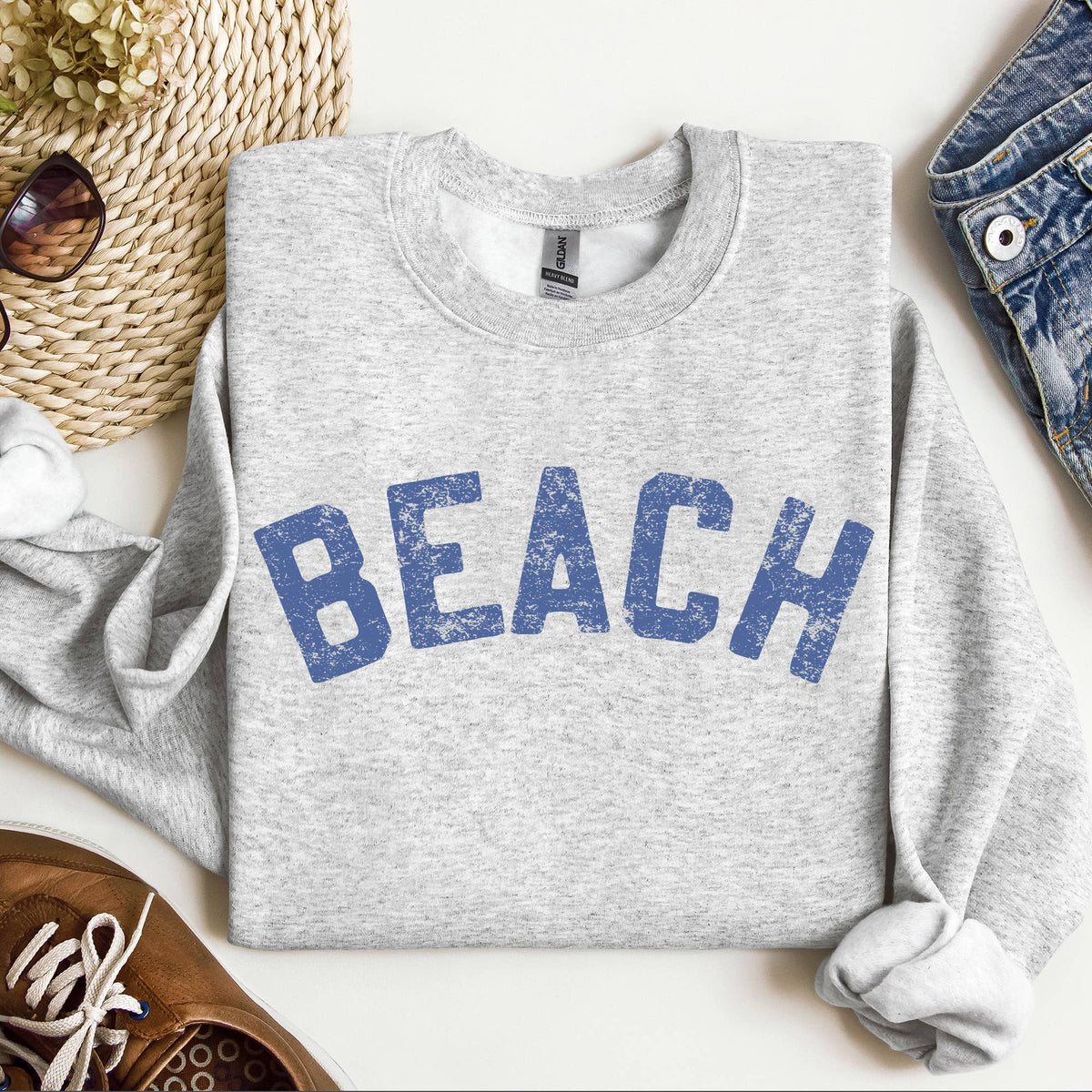 Beach Bum crewneck sweatshirt flat lay in ash grey