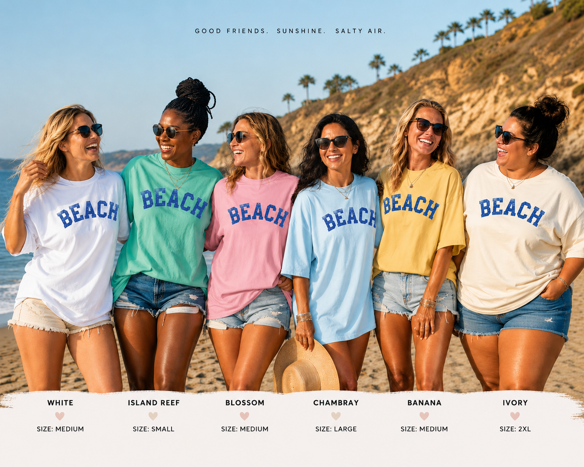 Beach Graphic T-Shirt – Vintage Blue "BEACH" Print, view 2 | Fitkitty Culture®