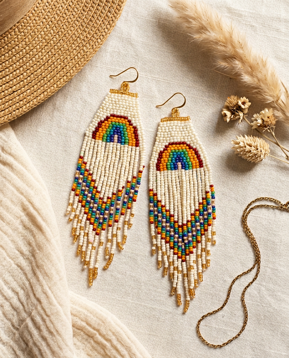 White and rainbow seed bead fringe statement earrings