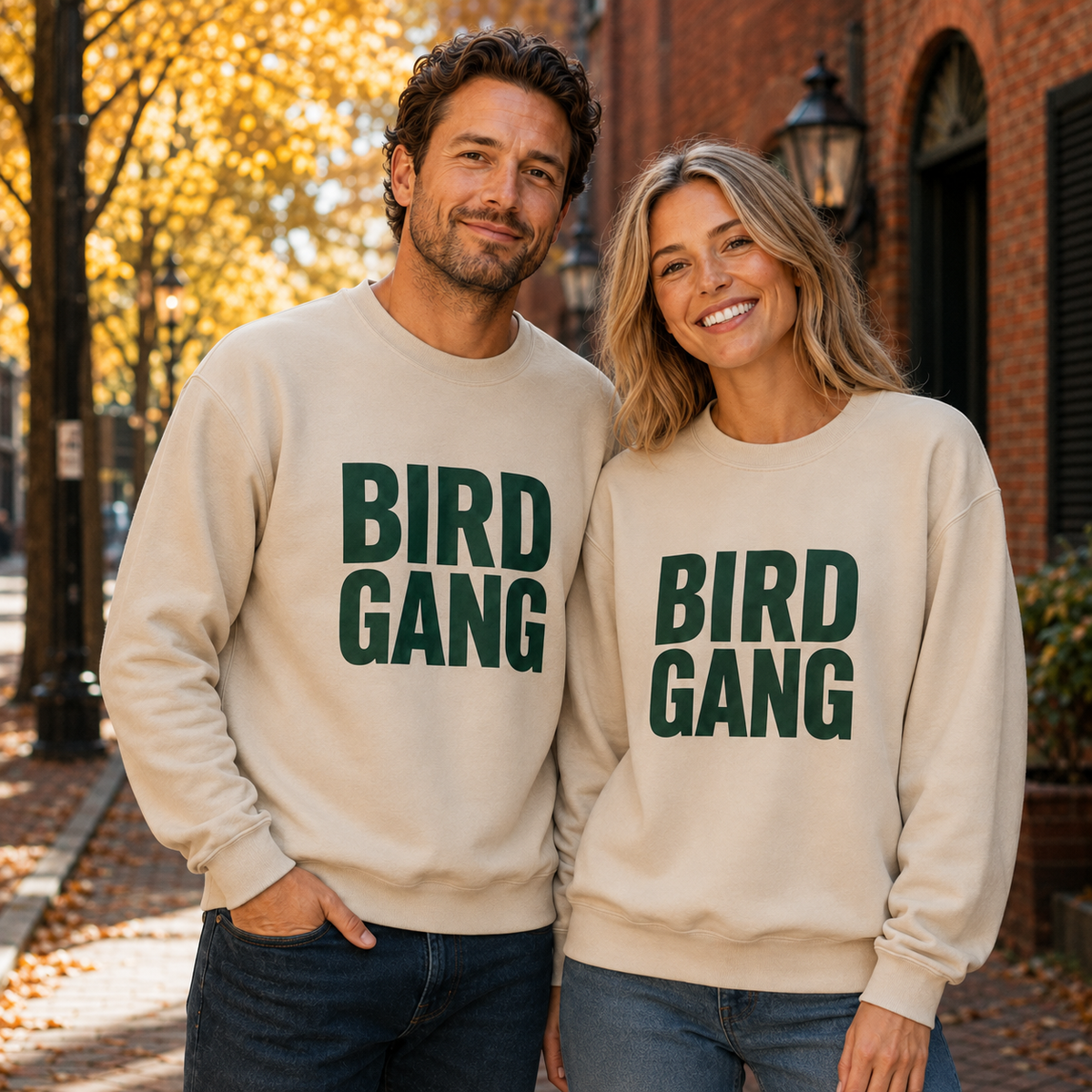 Man and woman wearing Sand BIRD GANG unisex crewneck sweatshirts with forest-green lettering