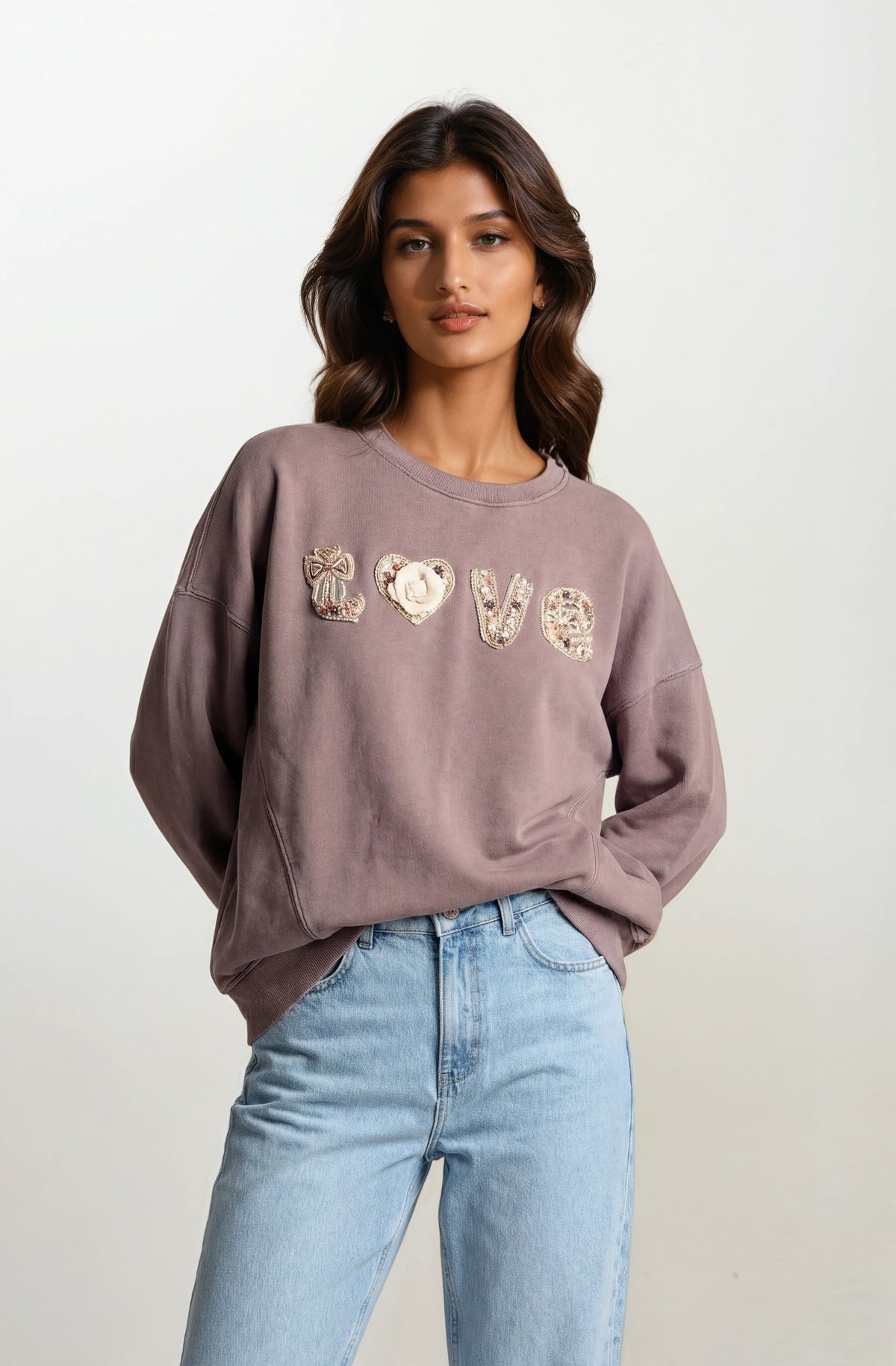 Boho "Love" Embellished Mineral Wash Sweatshirt - House of Caelo Athleisure Wear, Yoga Wear &  Women's Clothing