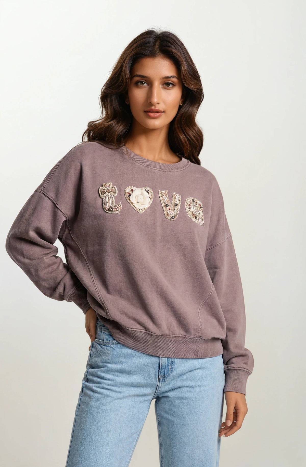 Boho "Love" Embellished Mineral Wash Sweatshirt - House of Caelo Athleisure Wear, Yoga Wear &  Women's Clothing