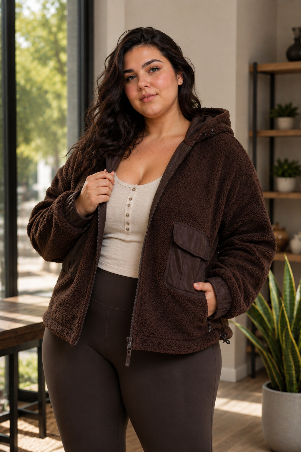 CURVY Sherpa Dreams Cropped Hooded Jacket, view 2 | House of Caelo®