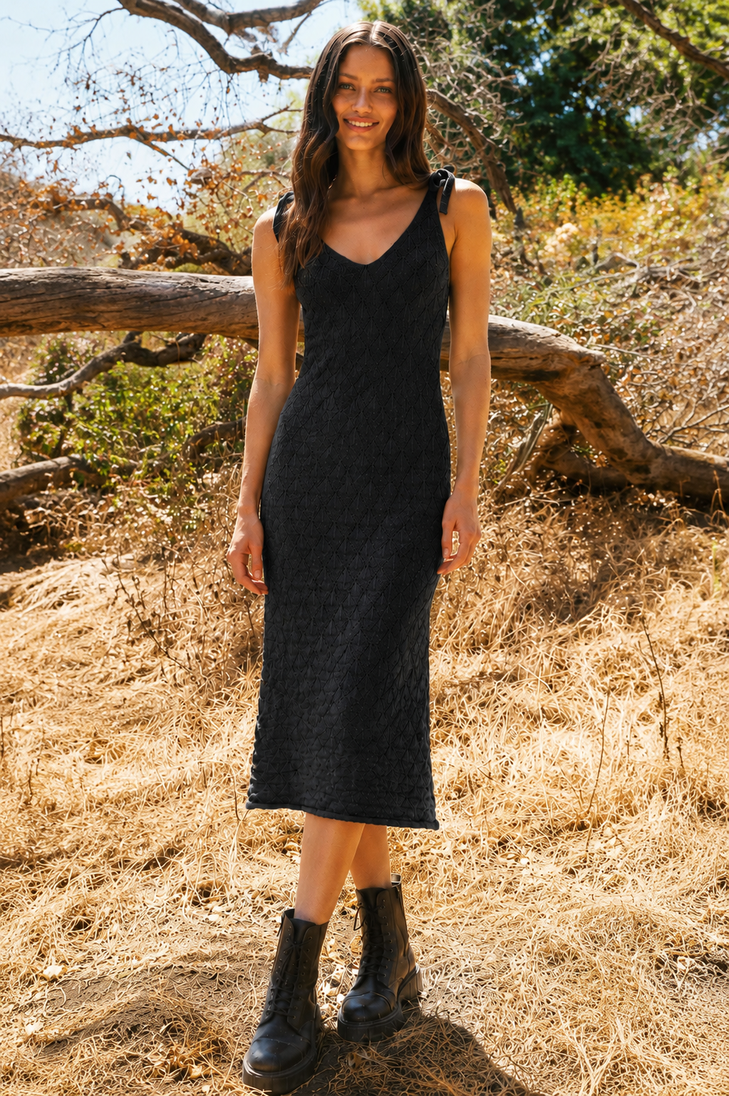 Black open-knit crochet maxi dress with relaxed boho silhouette