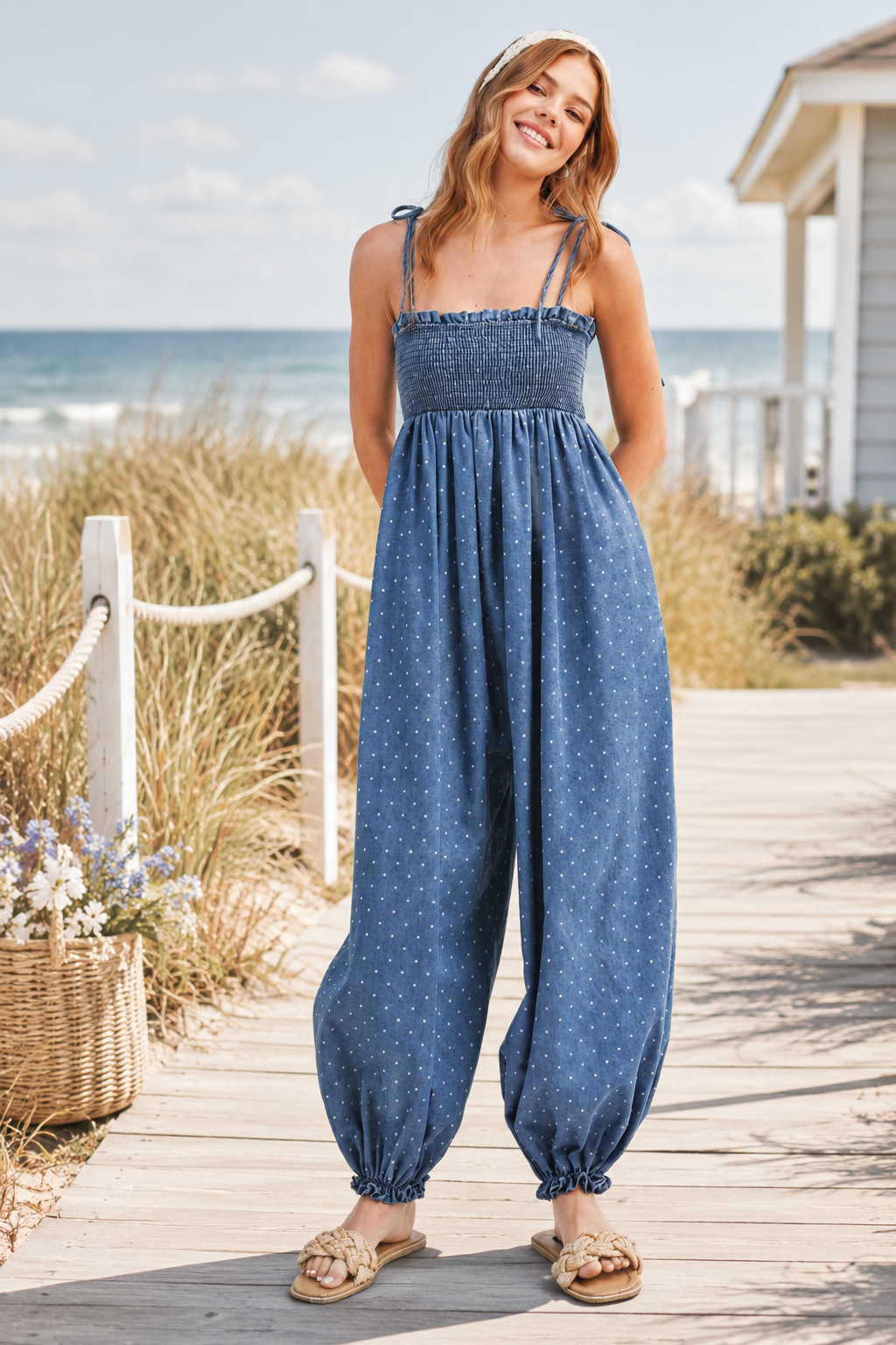 Coastal Dot Smocked Jumpsuit, view 5 | Fitkitty Culture®