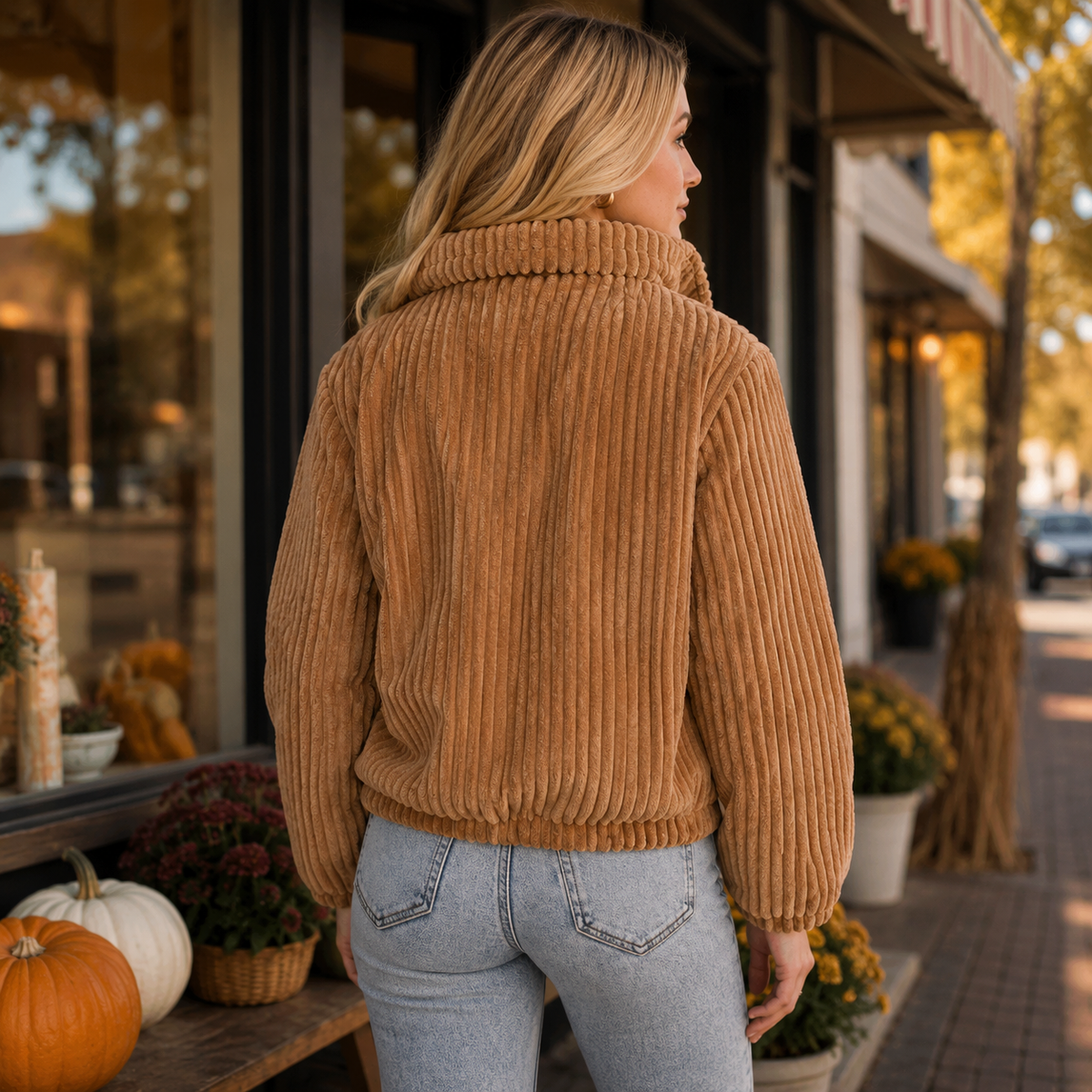 Tan Corduroy Puffer Jacket, view 2 | Fitkitty Culture®
