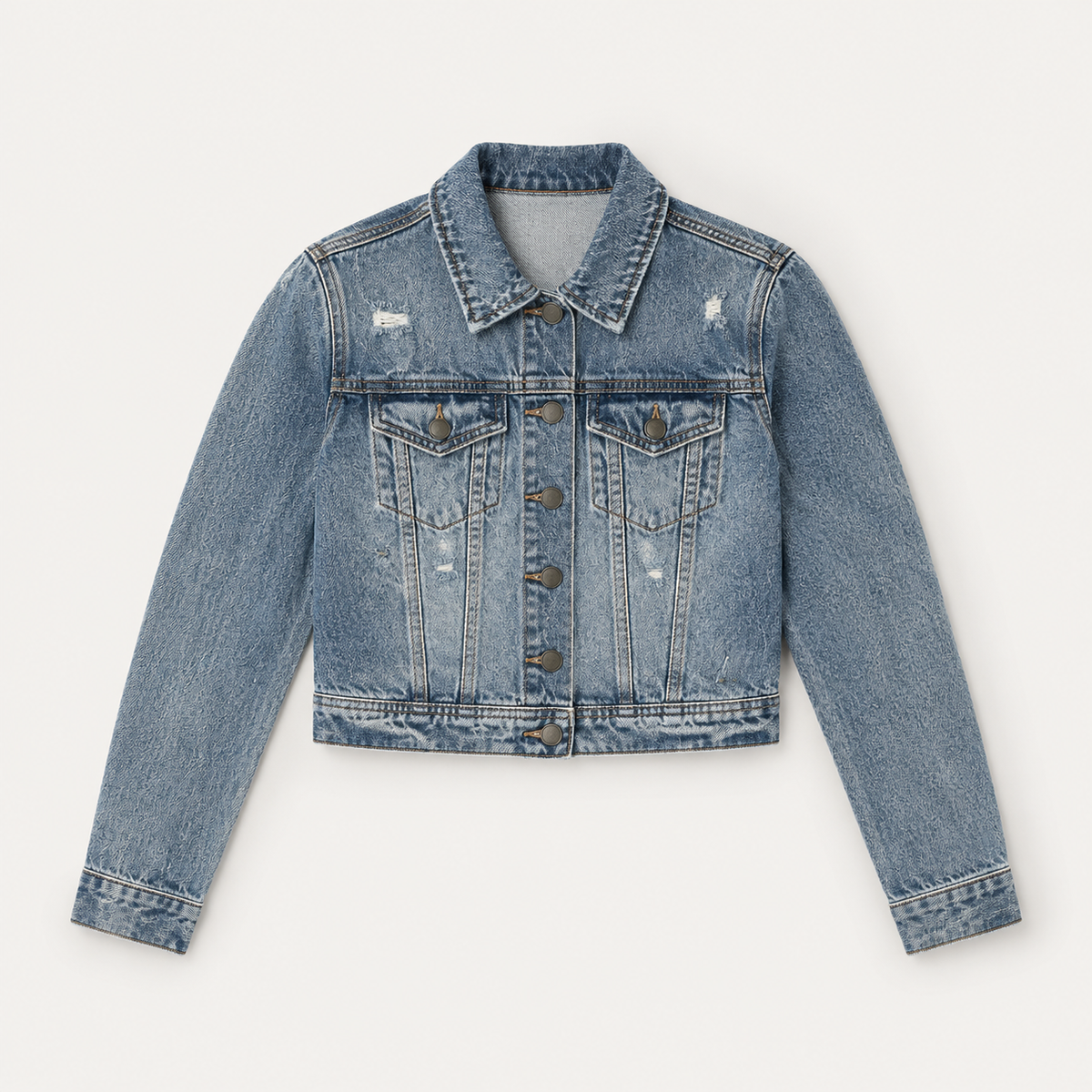 Light Blue Distressed Cropped Denim Jacket, view 3 | House of Caelo®