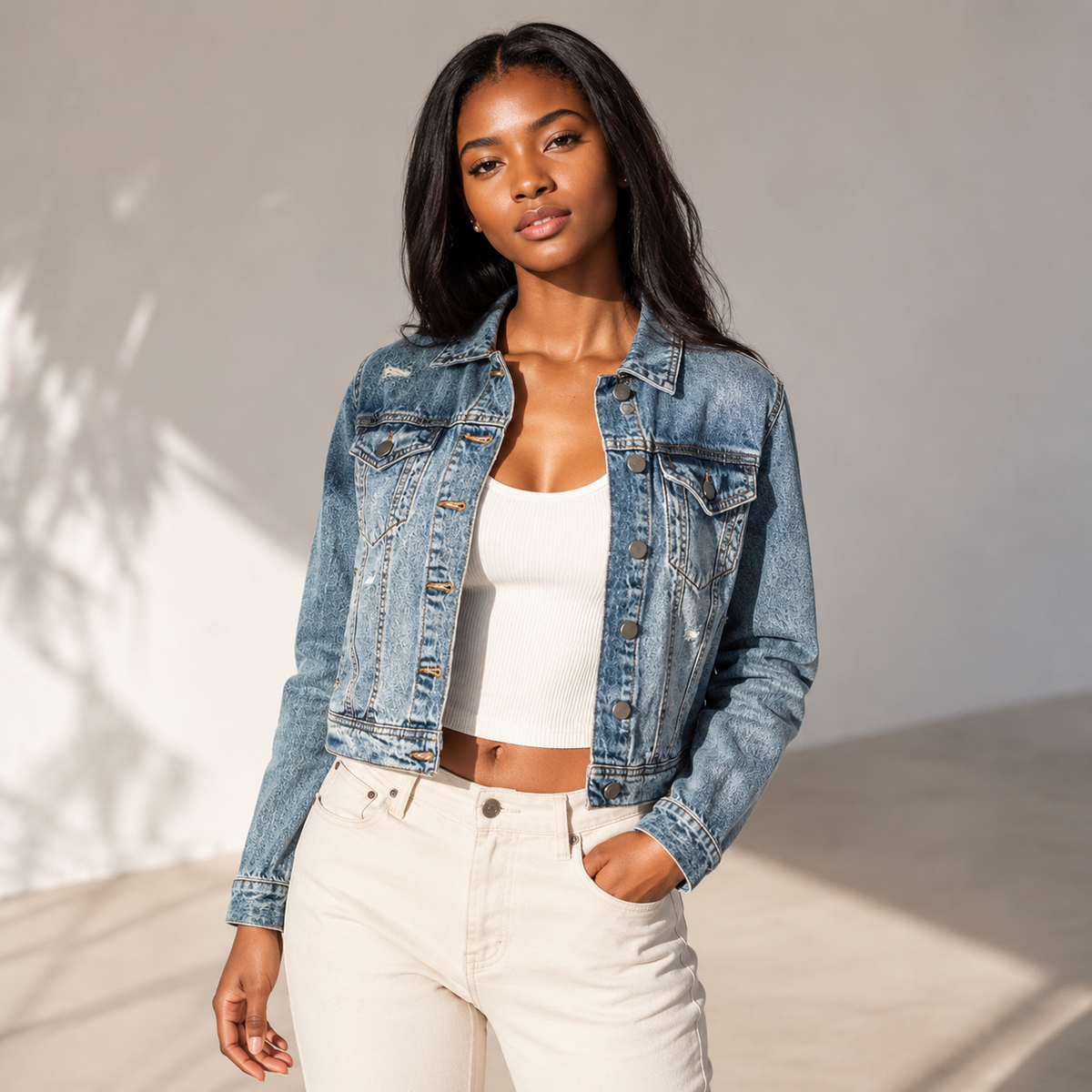 Light Blue Distressed Cropped Denim Jacket, view 2 | House of Caelo®