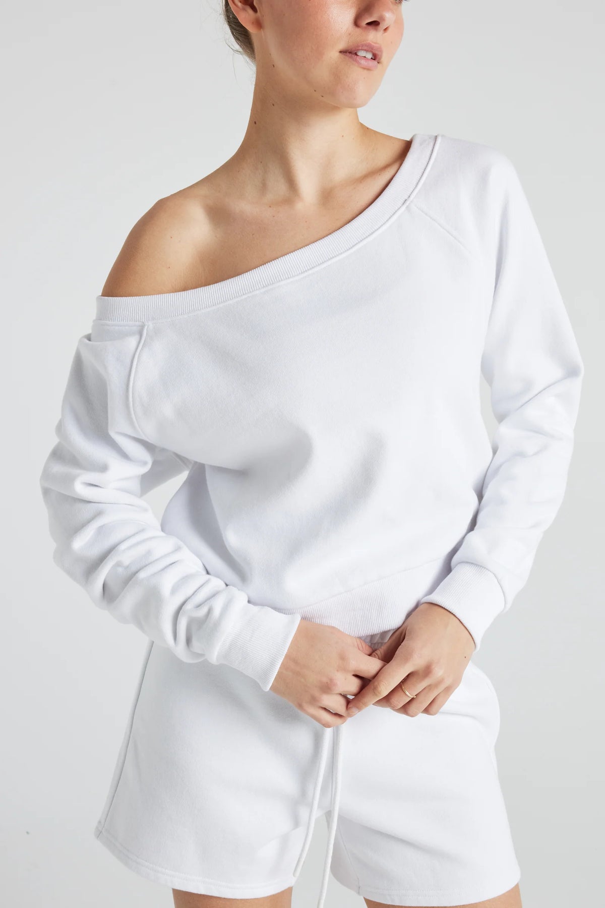 Off Shoulder Sweatshirt in White, Clothing, Electric Yoga, House of Caelo Athleisure Wear, Yoga Wear &  Women's Clothing