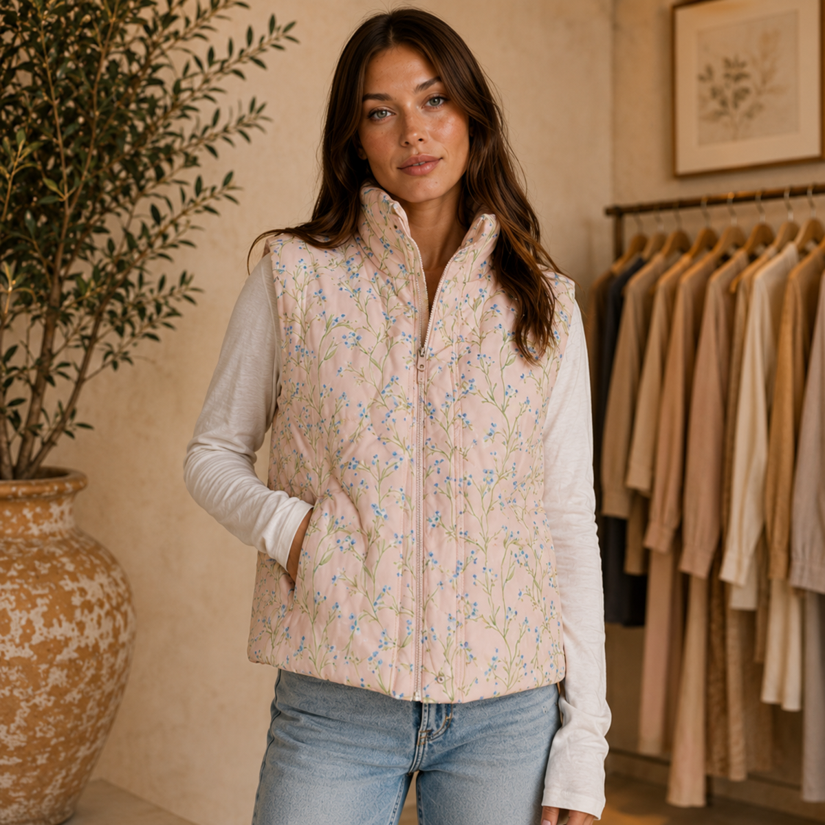 Light Pink Floral Puffer Vest | House of Caelo®