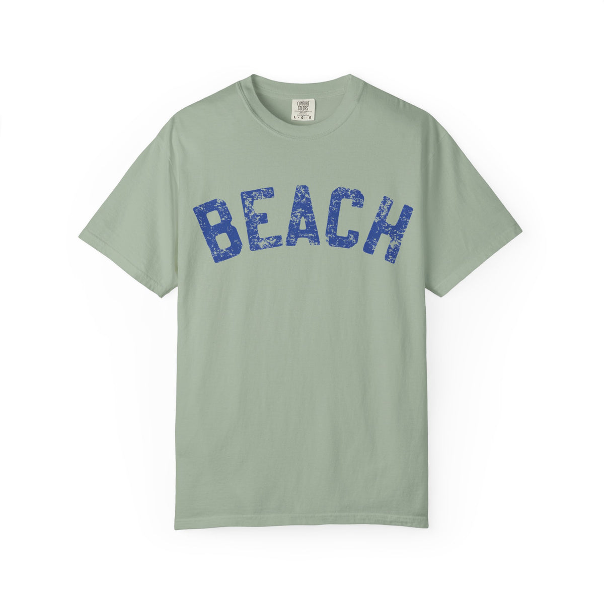 Green t-shirt with 'BEACH' printed in blue on a white background