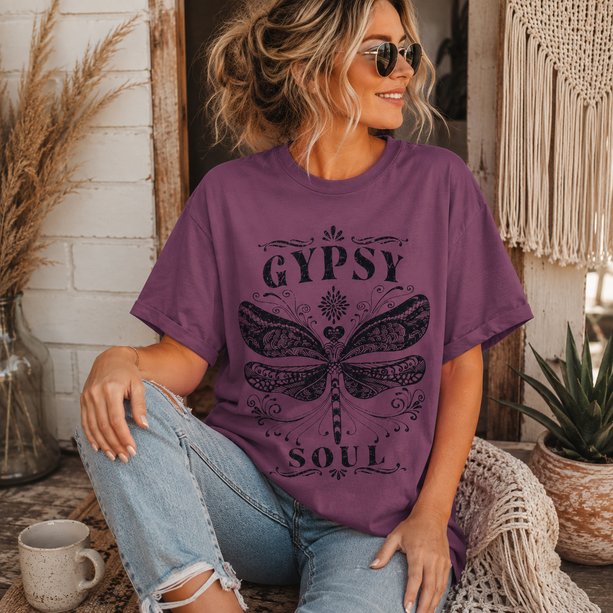 Gypsy Soul Dragonfly T‑Shirt — Boho Vintage Graphic Tee | Fitkitty Culture®