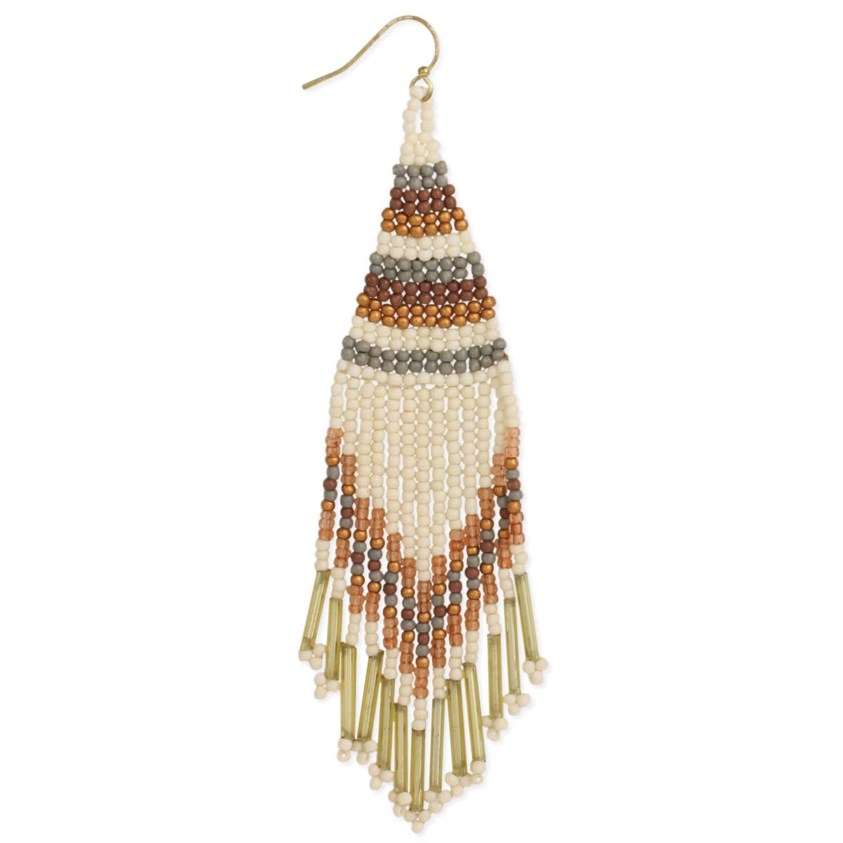 Handmade woven bead earrings in neutral tones with playful fringe