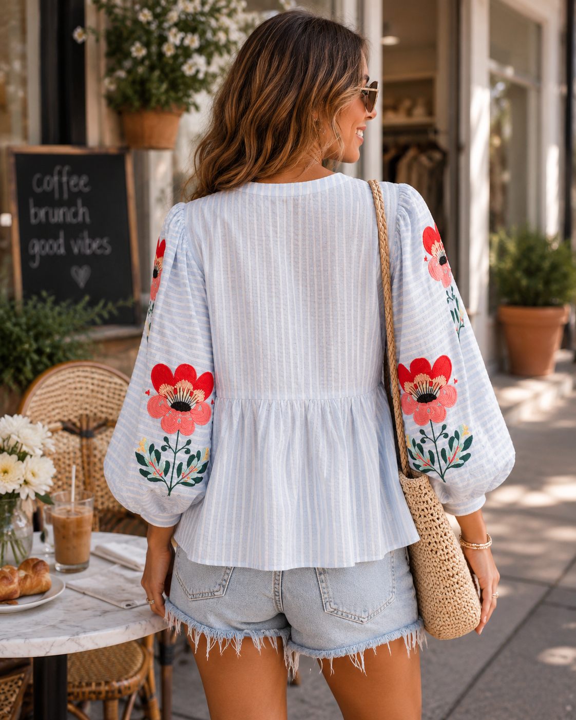 Meadow Bloom Embroidered Striped Floral Sleeve Top, view 2 | Fitkitty Culture®