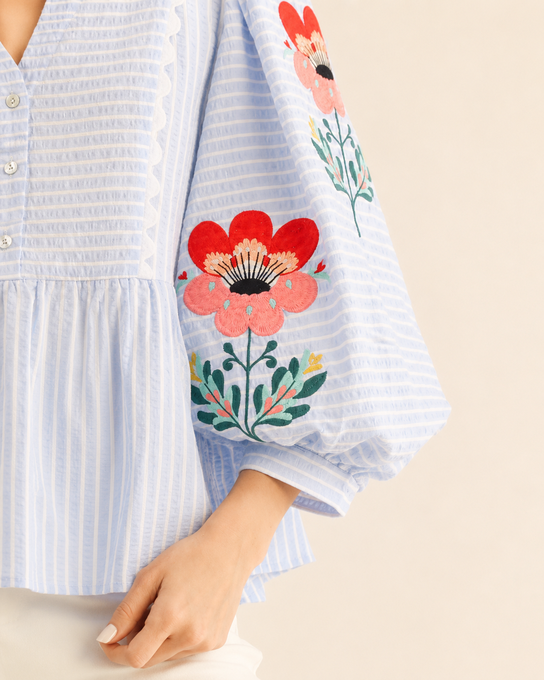 Meadow Bloom Embroidered Striped Floral Sleeve Top, view 3 | Fitkitty Culture®