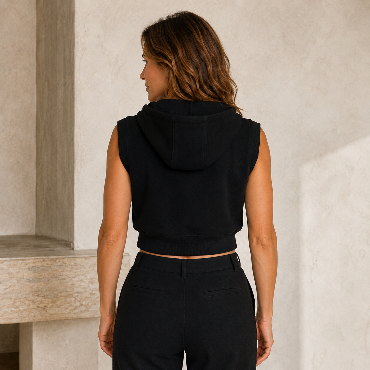 Cropped Headliner Fleece Hoodie Vest with Pockets, view 2 | House of Caelo®