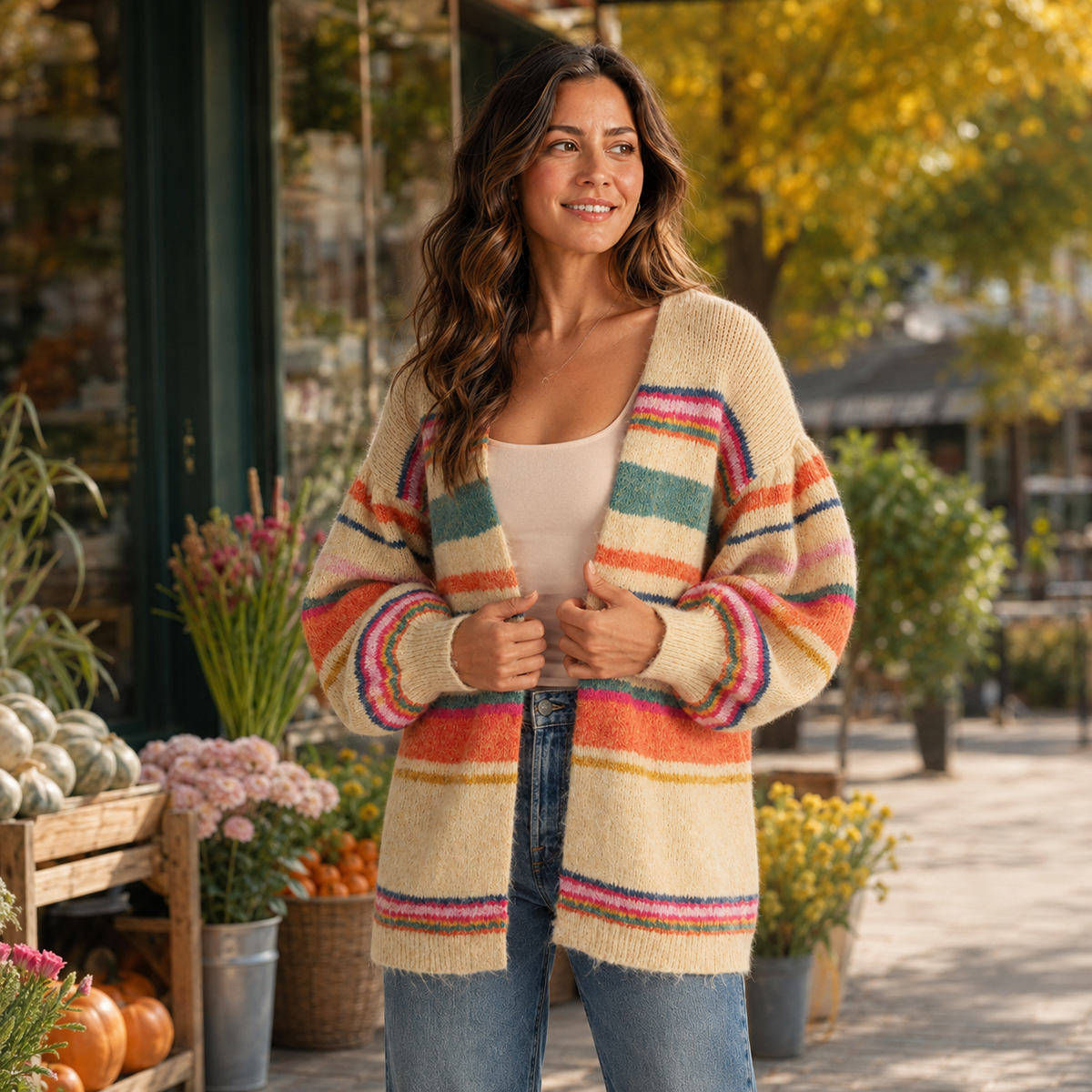 Sunset Carnival Stripe Cozy Relaxed Cardigan, view 2 | Fitkitty Culture®