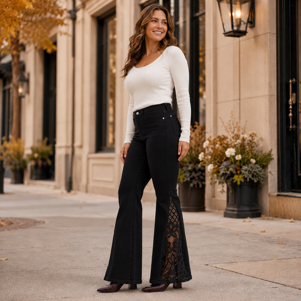 Jaqueline Lace Hem Ultra Flare Jeans - Shadow Black | Fitkitty Culture®