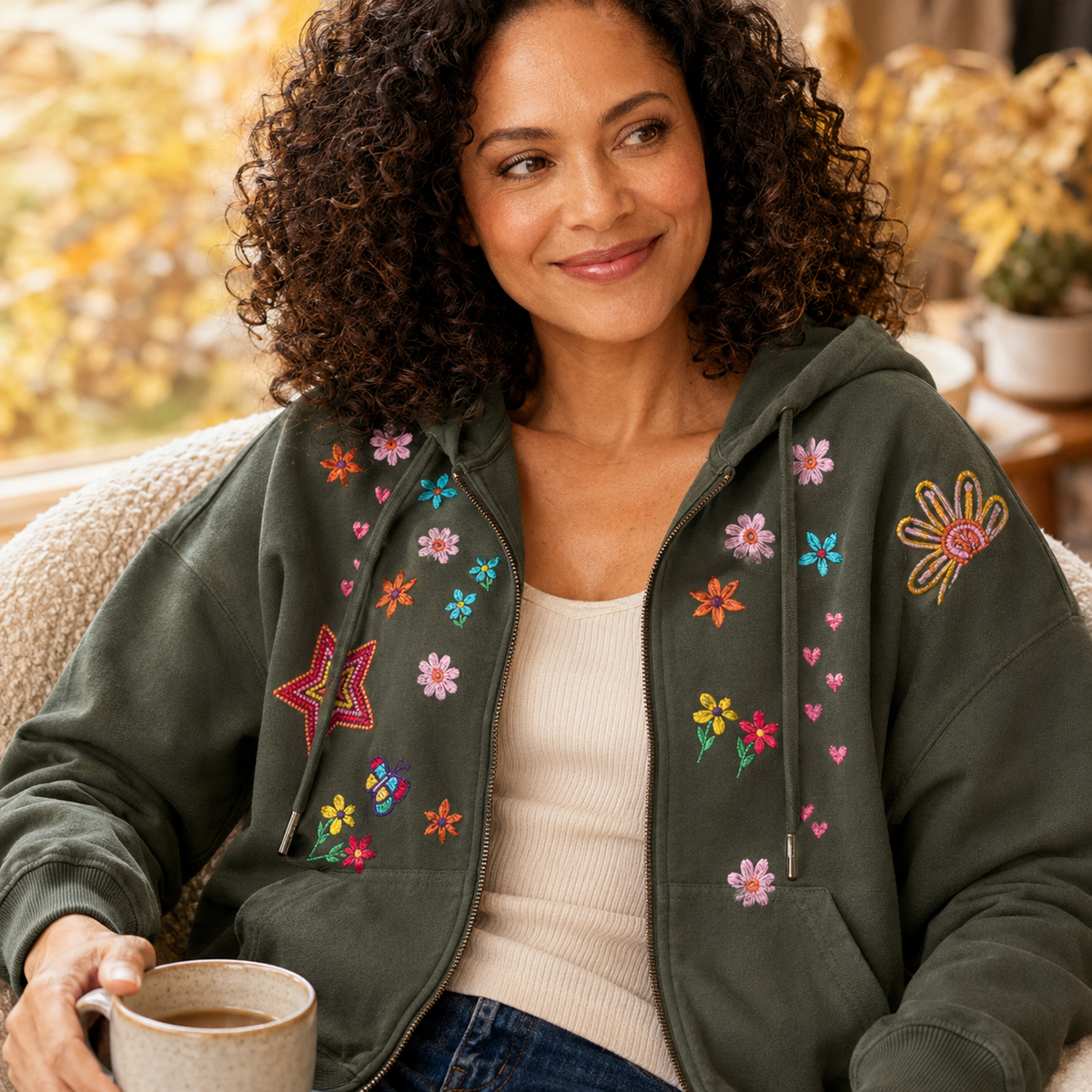 Sketchbook Embroidered Zip Hoodie Olive | Fitkitty Culture®