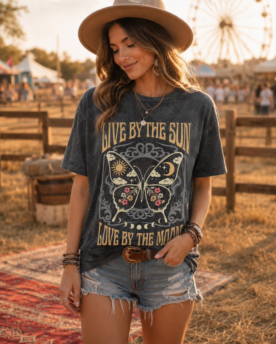 Mineral-washed cotton tee with Live By The Sun Love By The Moon celestial graphic