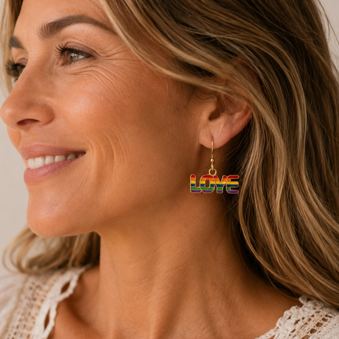 Rainbow Stripe Gold Love Earrings | House of Caelo®