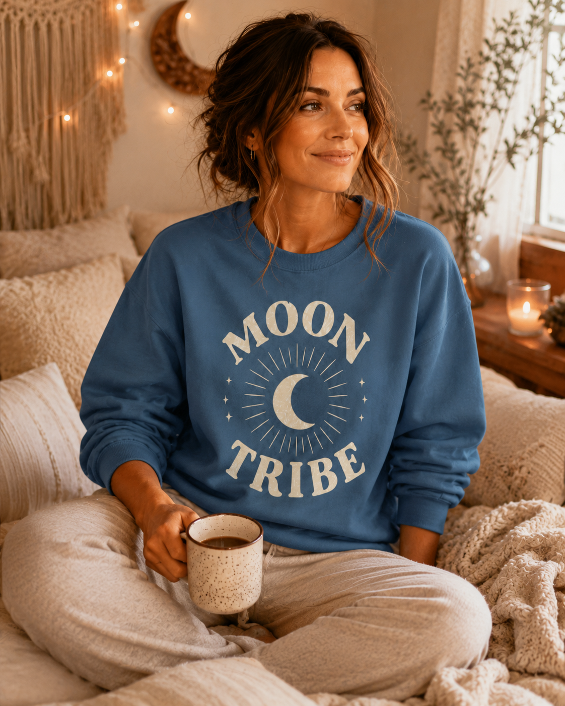Woman wearing a blue sweatshirt with 'Moon Tribe' text, sitting on a couch holding a mug.