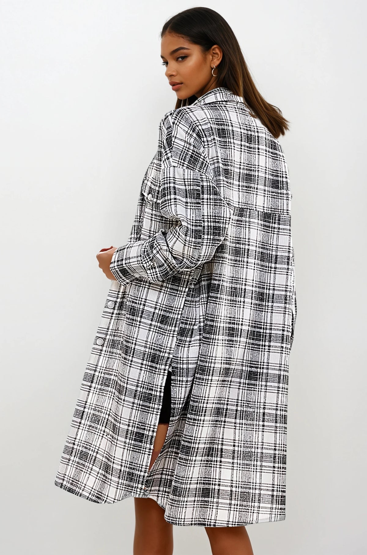 Oversized Long Plaid Shacket, view 7