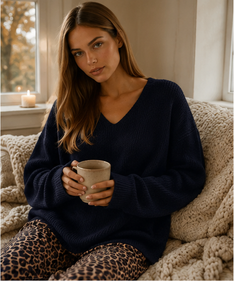 Oversized Knit V-Neck Sweater Tunic Top, view 2 | House of Caelo®