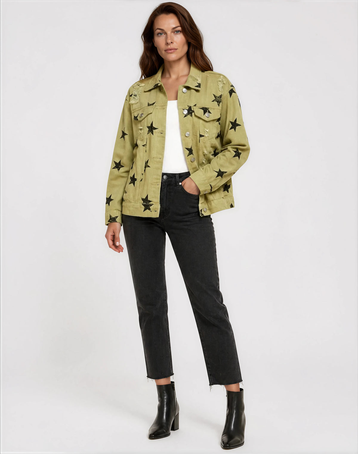 Sage Star Distressed Denim Jacket in washed sage with black star print
