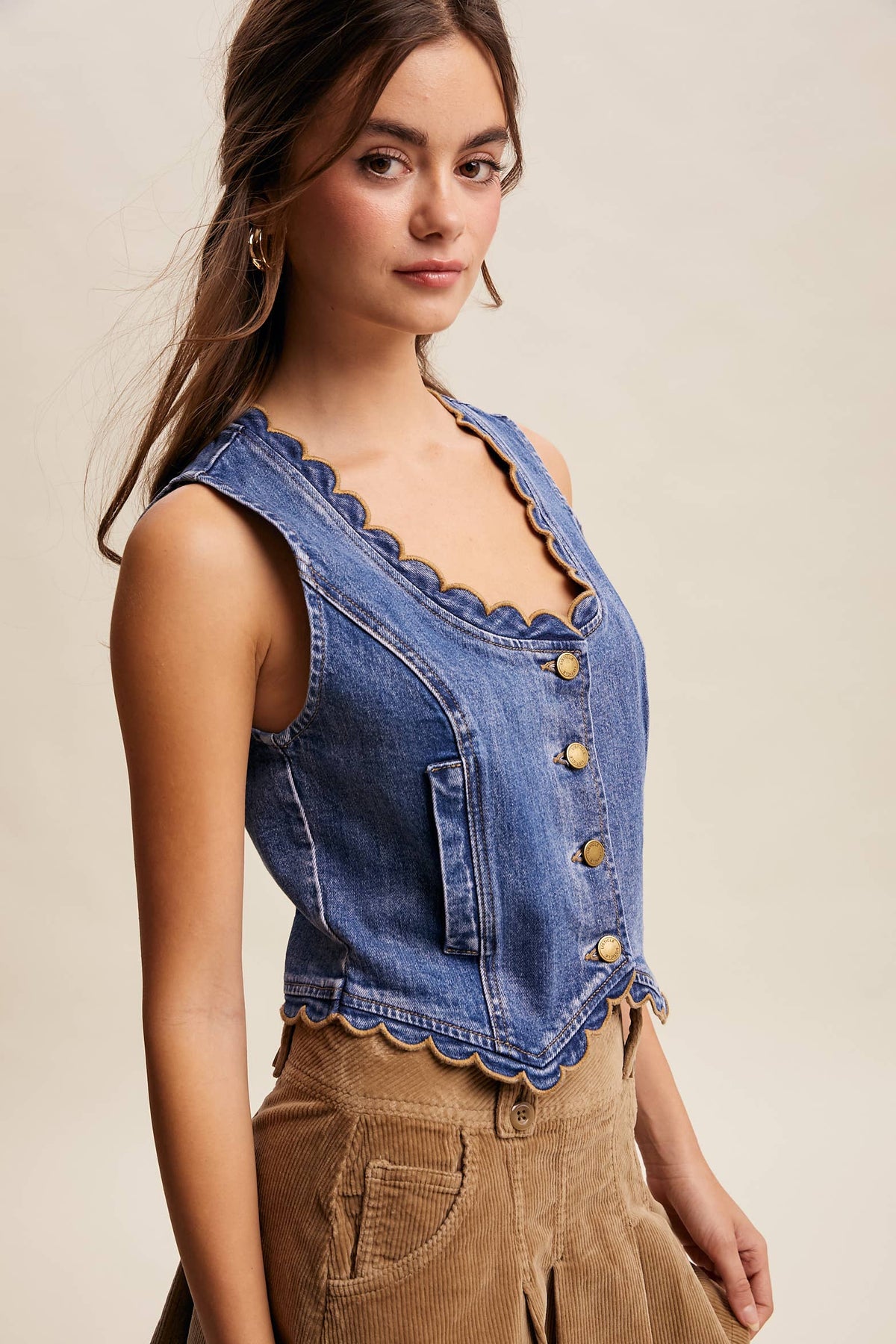 Scallop Trim Stretch Denim Vest LVT030 - Fitkitty Culture Athleisure Wear, Yoga Wear &  Women's Clothing
