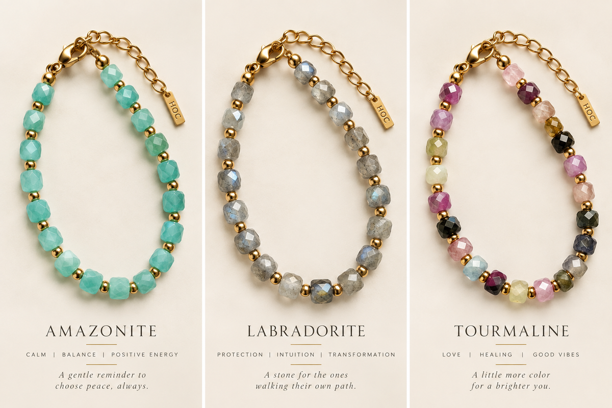 Three beaded bracelets displayed side by side on a light beige background, each with gold chain links and labeled with gemstone names: Amazonite, Labradorite, and Tourmaline. The bracelets feature faceted beads in aqua, gray, and multicolor pastel tones.