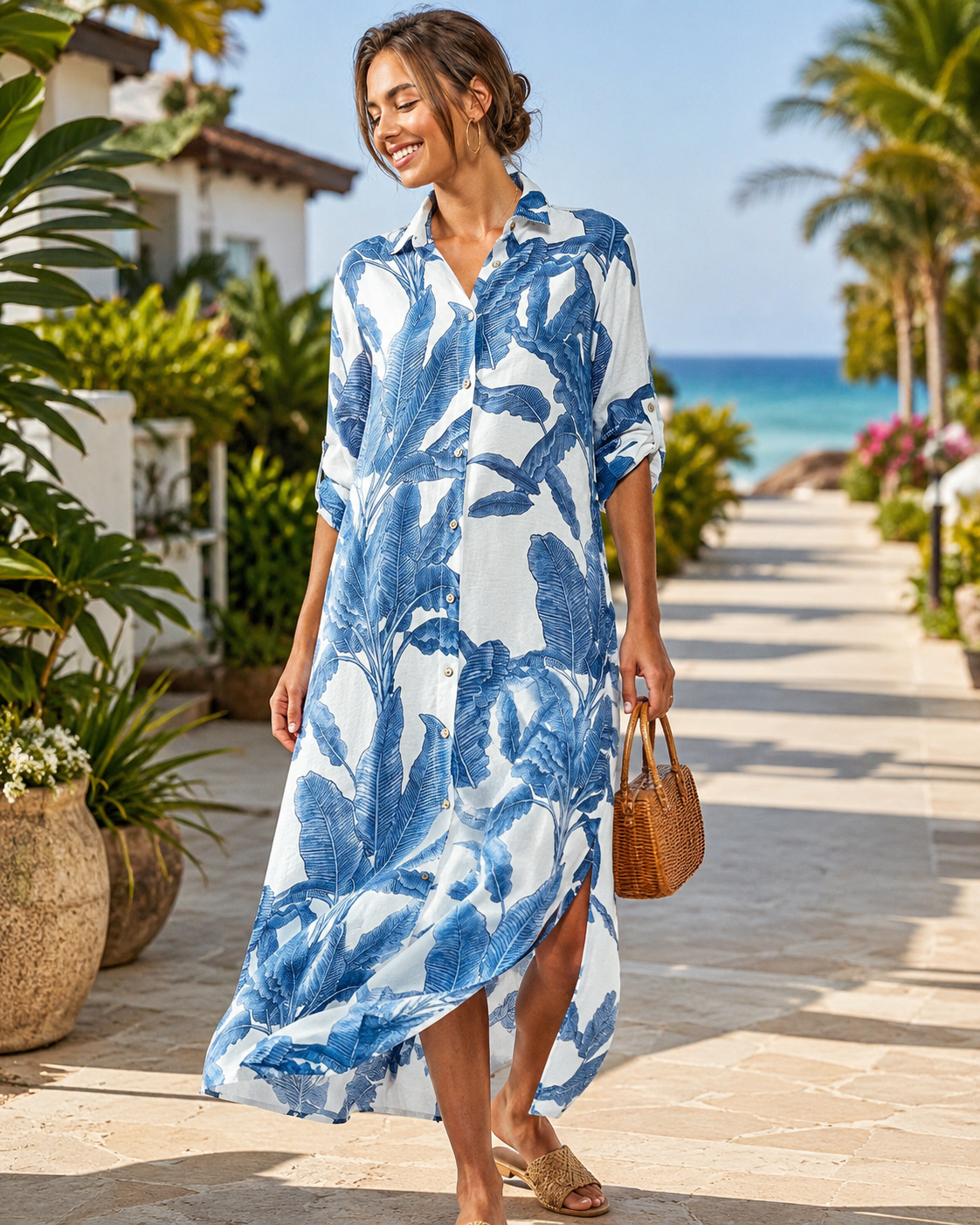 Tropical Palm Leaf Button-Down Midi Dress - Resort and Spring Collection, view 3 | House of Caelo®