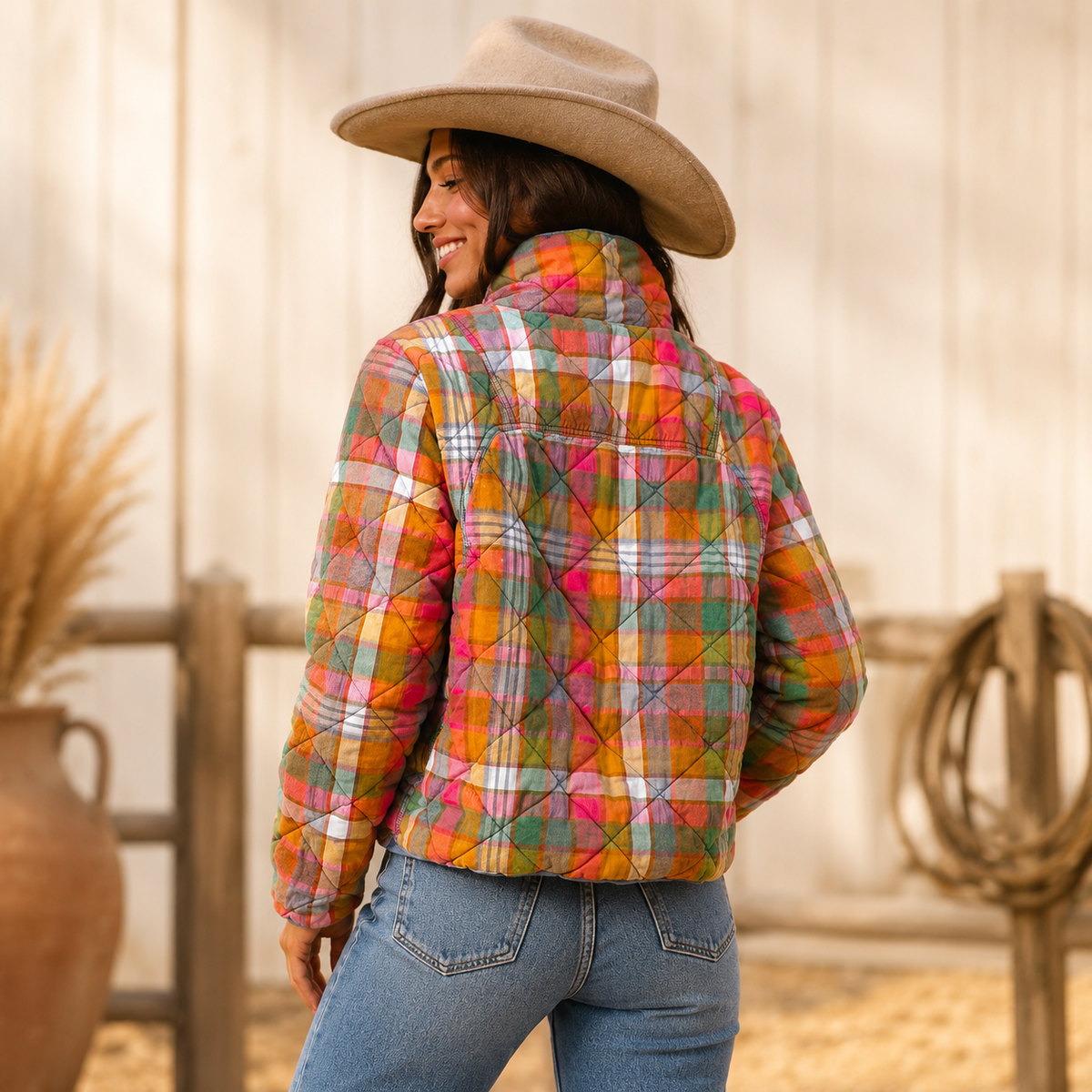 Back view showing the multicolor plaid and quilting on the relaxed jacket