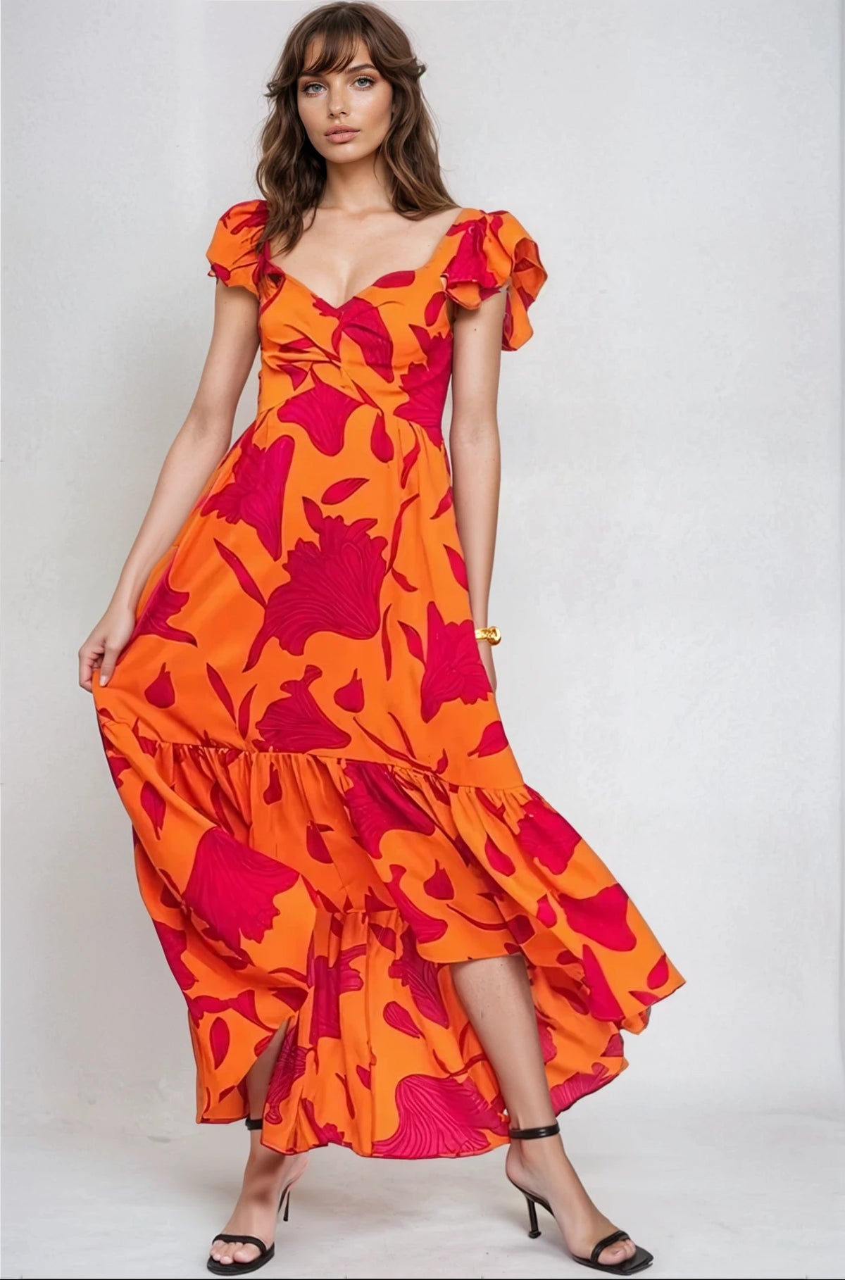 Vibrant Fire Floral High Low Maxi Dress - House of Caelo Athleisure Wear, Yoga Wear &  Women's Clothing