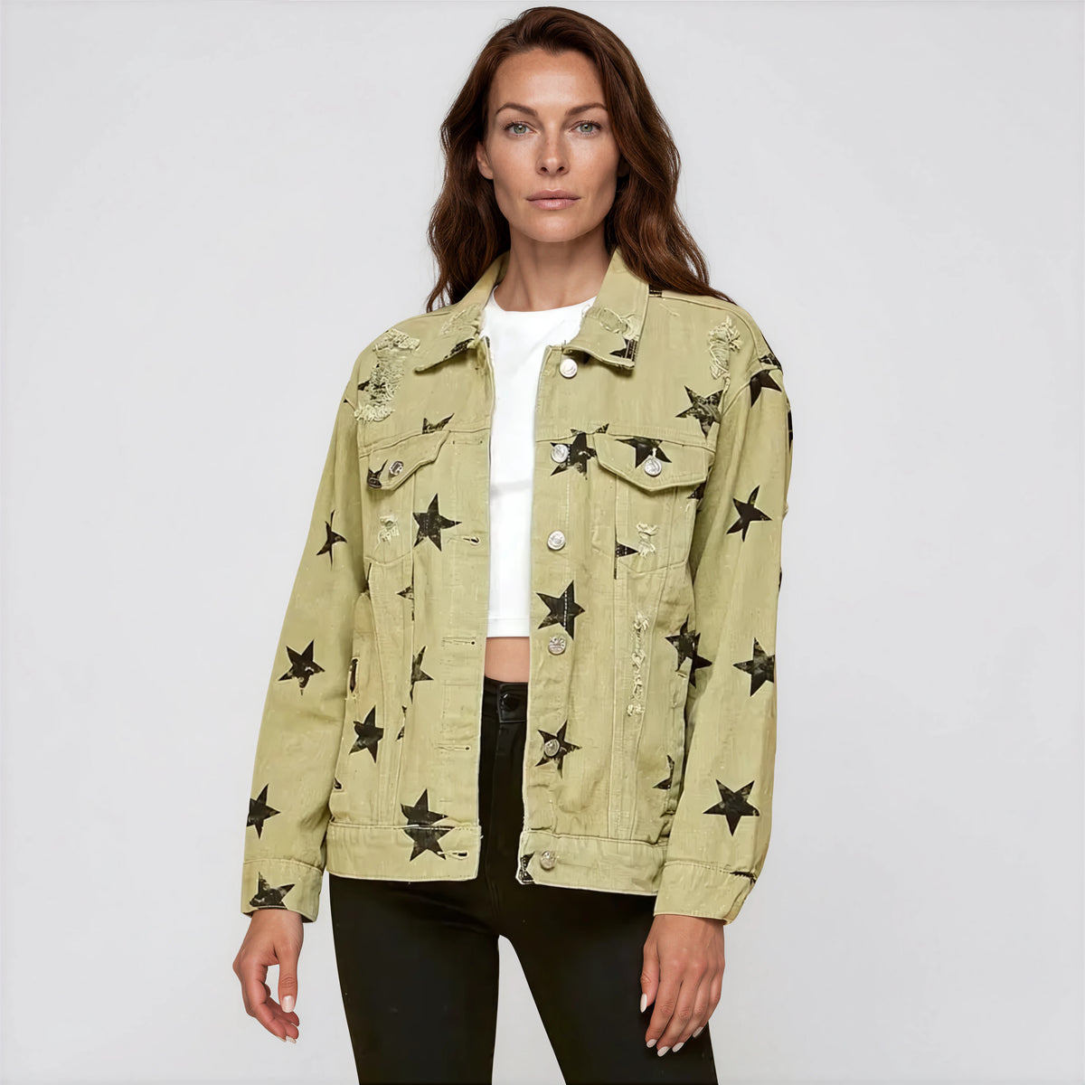 Sage Star Distressed Denim Jacket with vintage eyelet and ripped denim detail