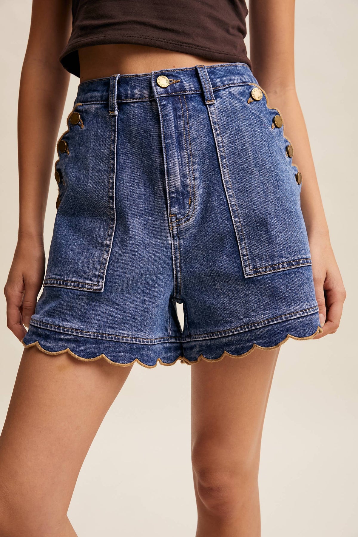 Scallop Button-Side Stretch Denim Shorts LP0277 - Fitkitty Culture Athleisure Wear, Yoga Wear &  Women's Clothing