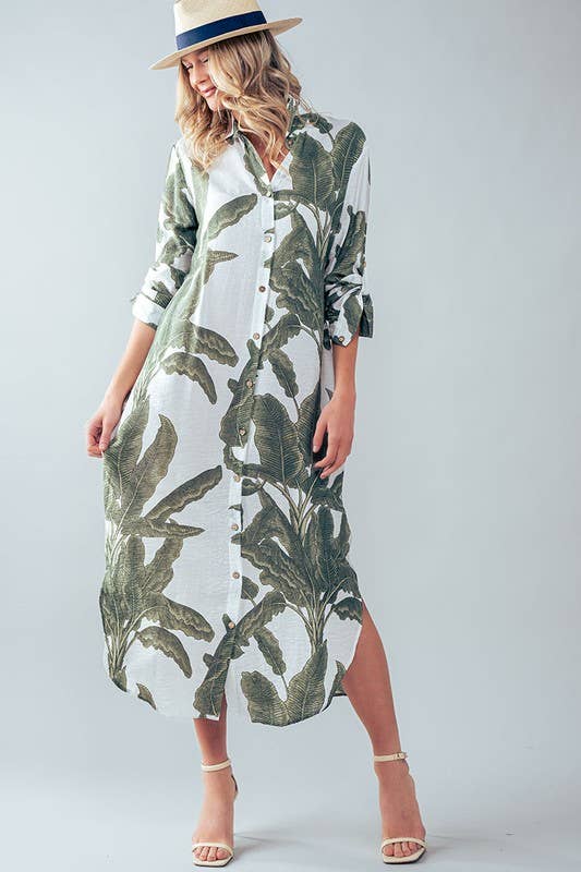 Tropical Palm Leaf Button-Down Midi Dress - Resort and Spring Collection - House of Caelo Athleisure Wear, Yoga Wear &  Women's Clothing