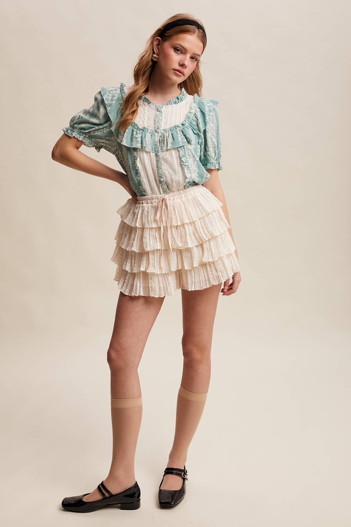Mixed-Print Ruffle Yoke Blouse, view 22 | Fitkitty Culture®