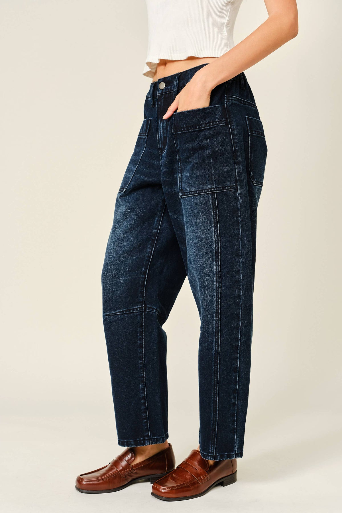 Dark Wash Utility Barrel Jeans