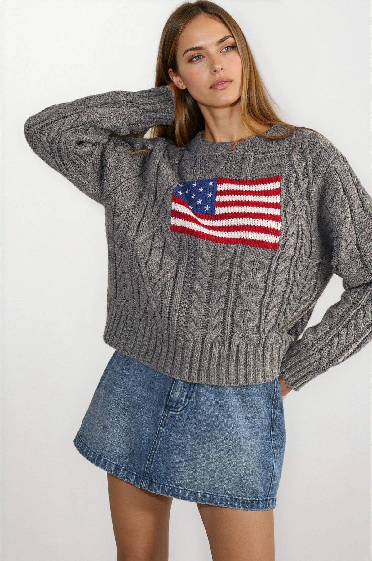 Cozy cable knit sweater with Americana USA flag graphic