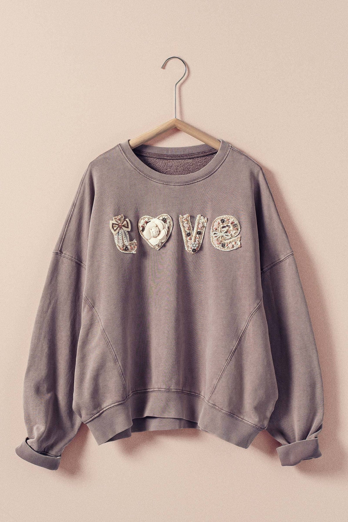 Boho "Love" Embellished Mineral Wash Sweatshirt - House of Caelo Athleisure Wear, Yoga Wear &  Women's Clothing