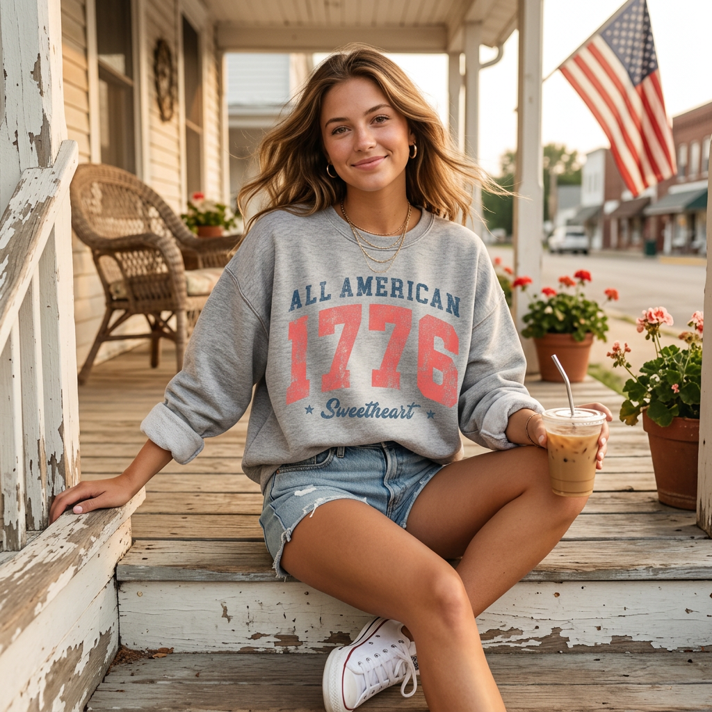Soft crewneck sweatshirt with vintage All-American Sweetheart 1776 graphic