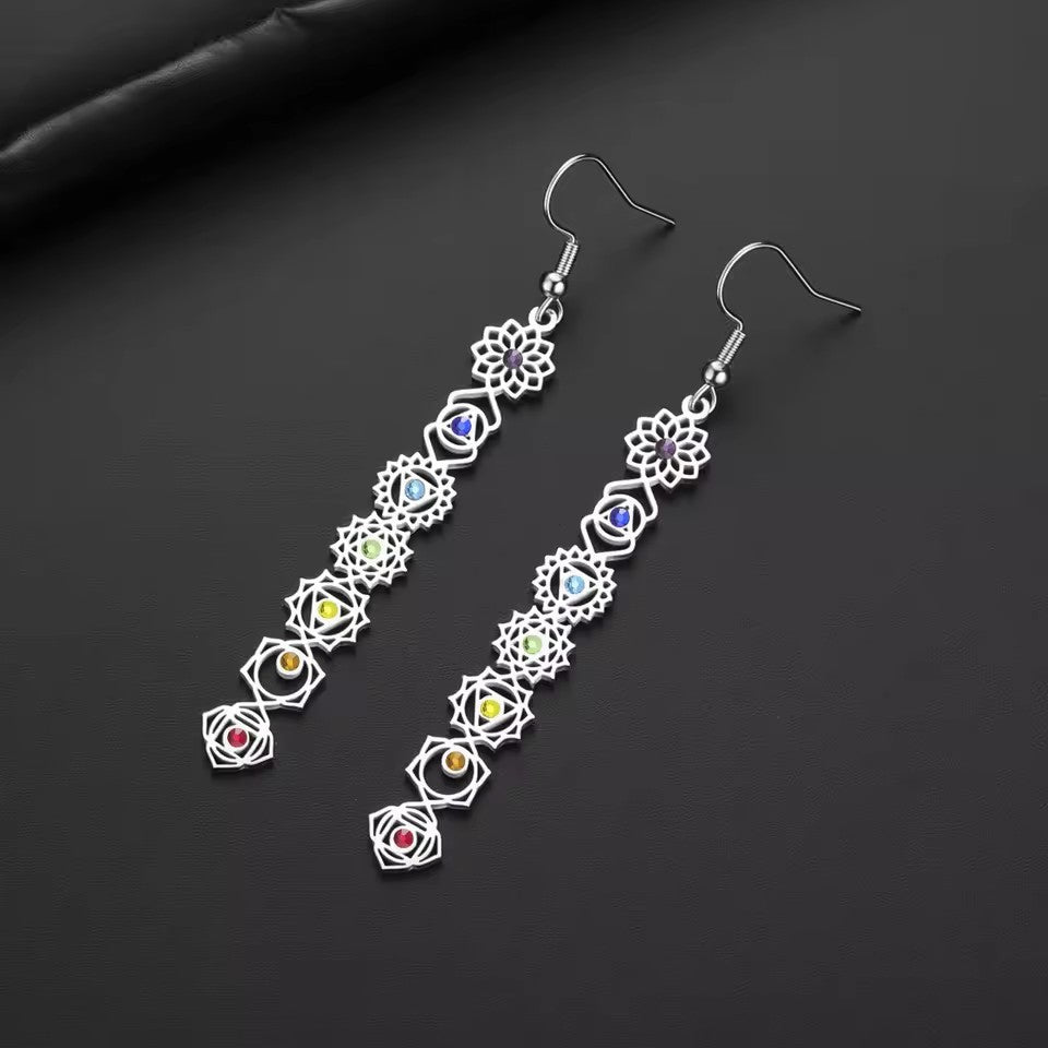 Silver Aura Alignment Chakra Earrings with seven colorful stones