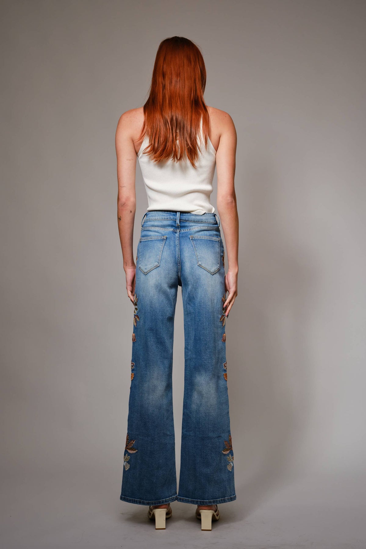 Flower Embroidery High Waist Flare Jeans, view 6 | Fitkitty Culture®