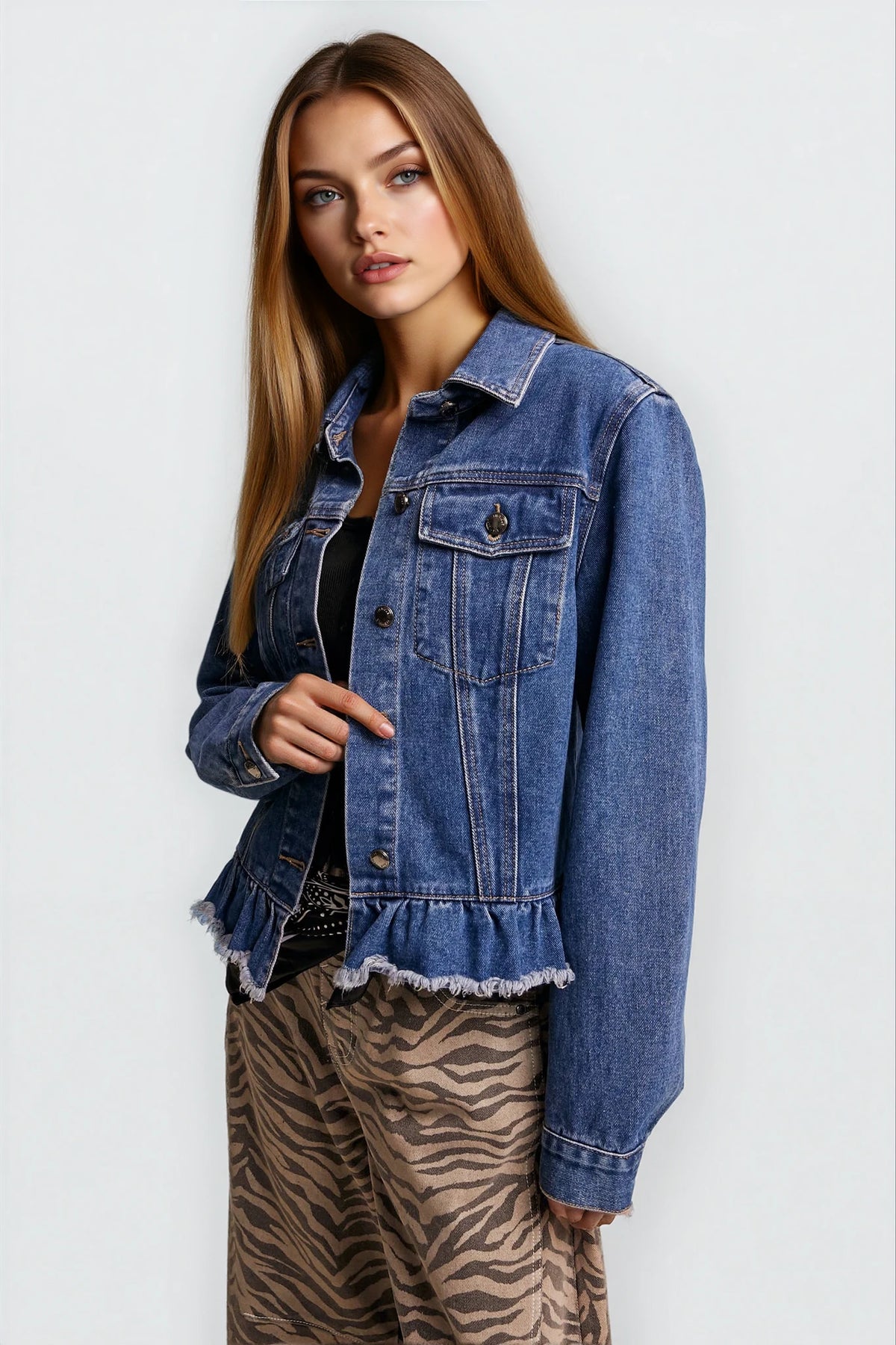 Ruffled Hem Denim Jacket - House of Caelo Athleisure Wear, Yoga Wear &  Women's Clothing