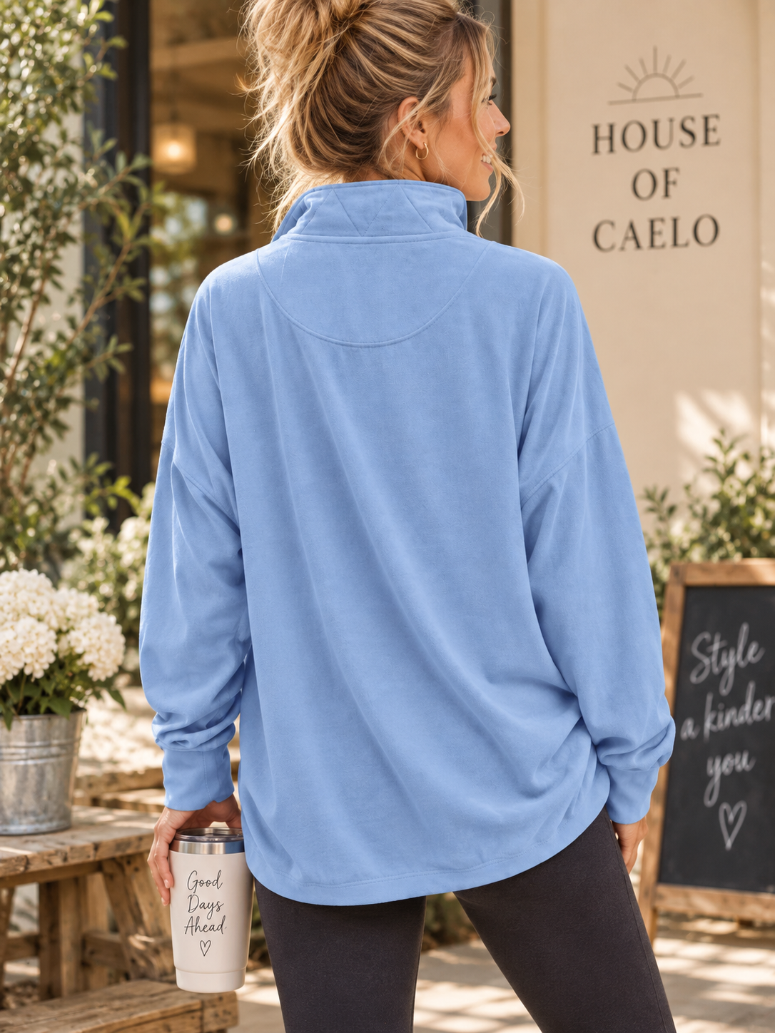 Light Blue Cloudline Snap-Collar Fleece Pullover back view showing the dropped shoulders and relaxed silhouette