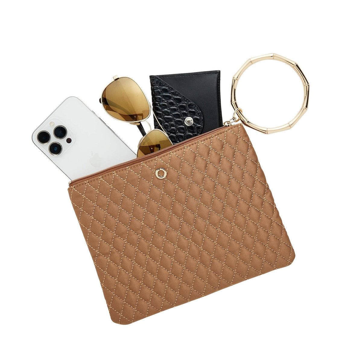 Caramel quilted Big O bracelet pouch filled with a phone, wallet, and sunglasses