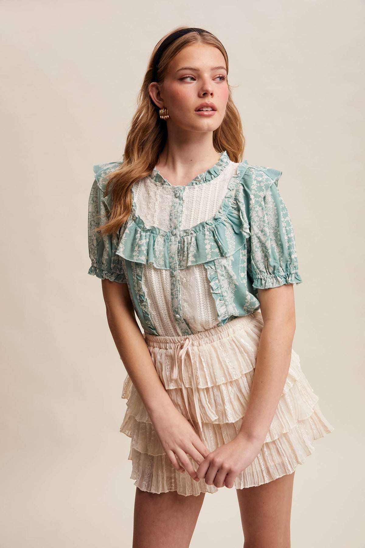 Mixed-Print Ruffle Yoke Blouse, view 14 | Fitkitty Culture®