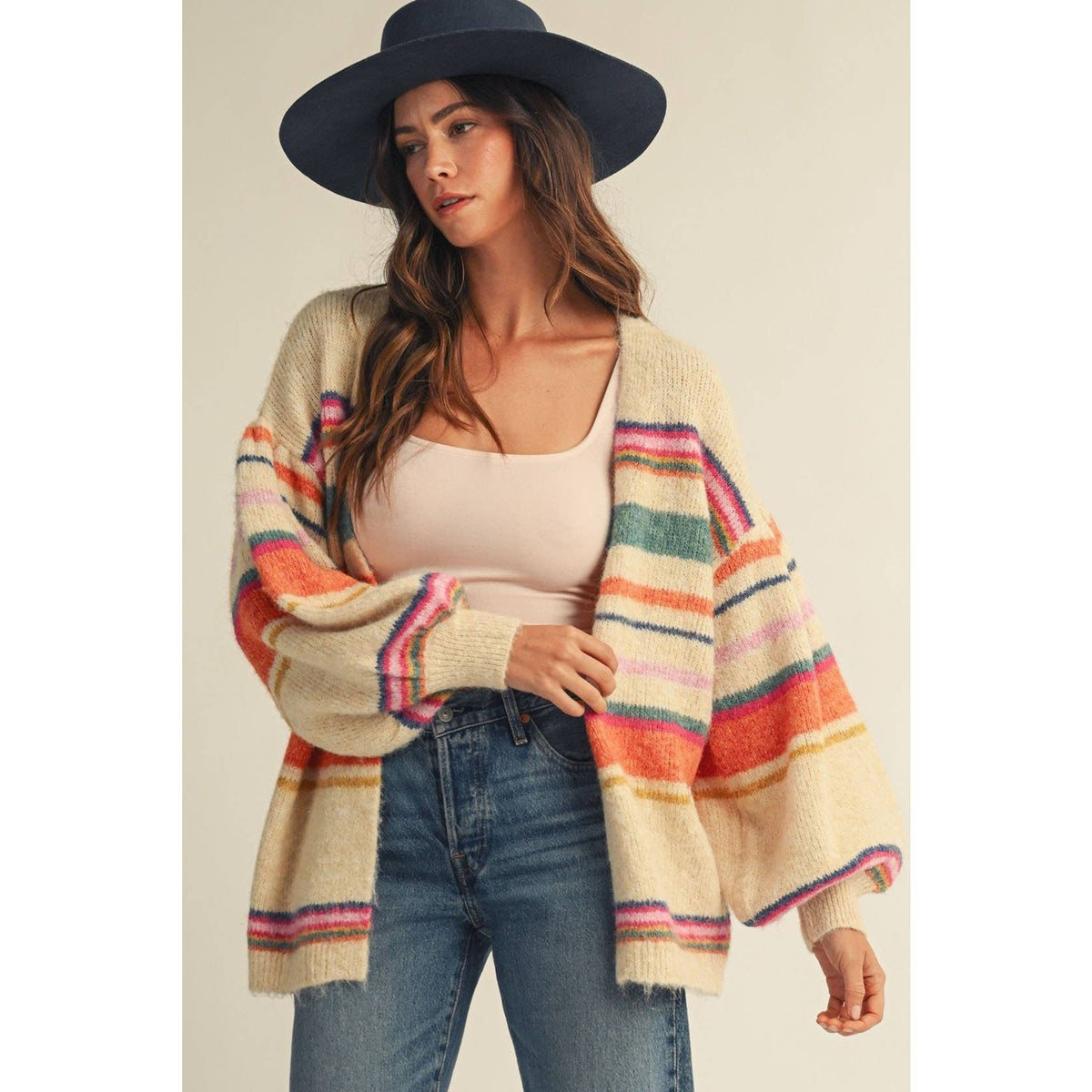 Sunset Carnival Stripe Cozy Relaxed Cardigan, view 3 | Fitkitty Culture®