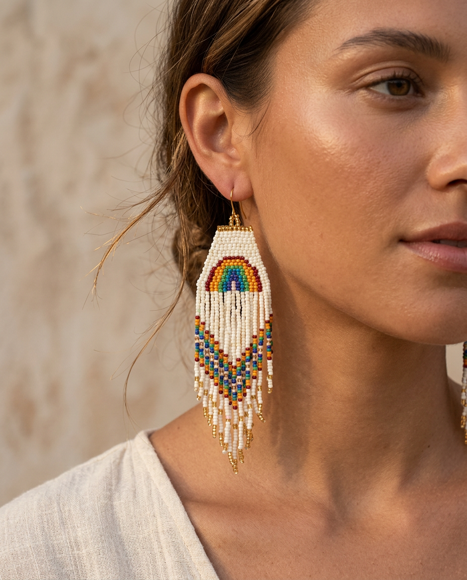 White Rainbow Seed Bead Fringe Earrings - House of Caelo Athleisure Wear, Yoga Wear &  Women's Clothing